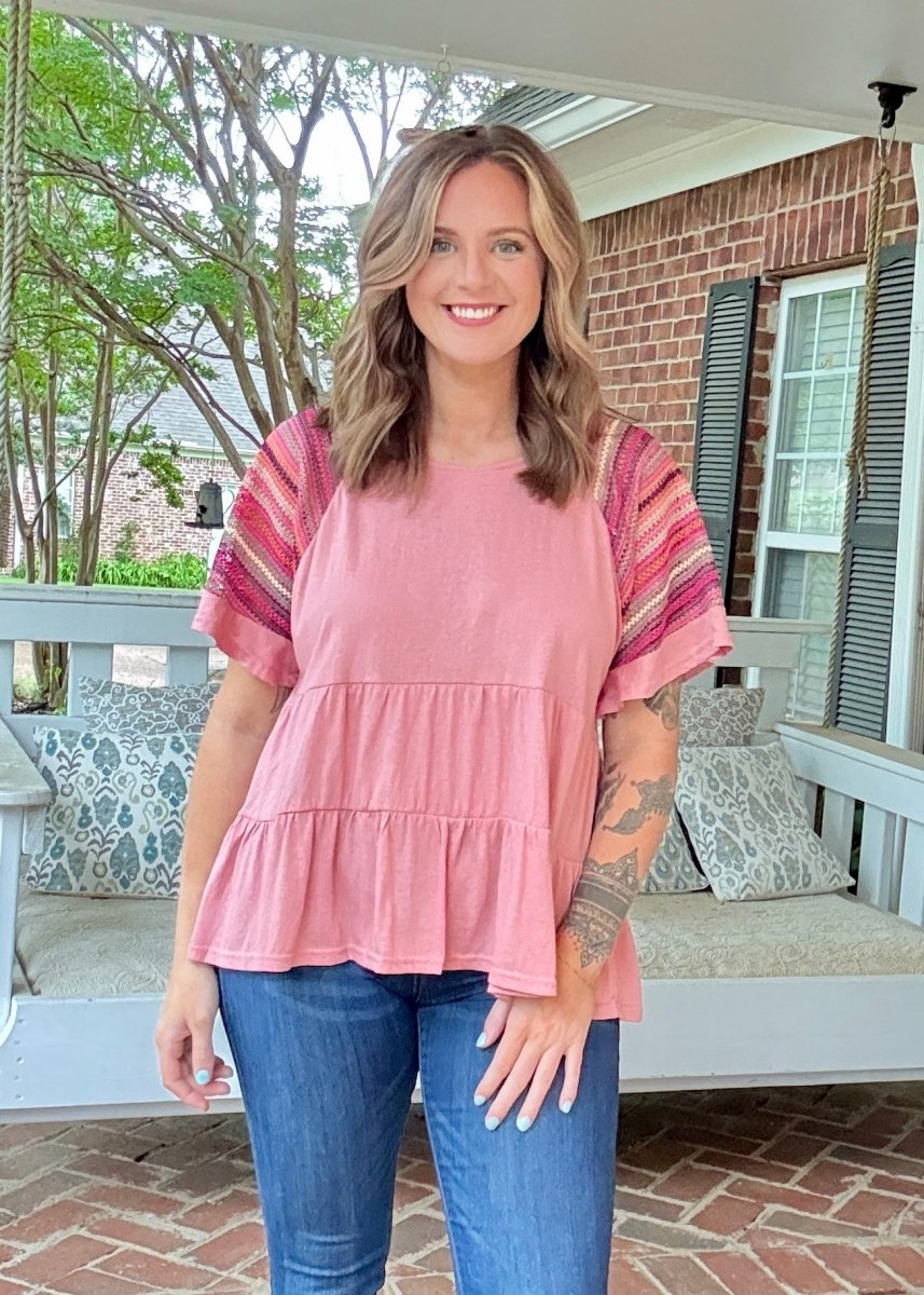 Crochet Striped Sleeve Top | Umgee - Casual Top - Jimberly's Boutique - Olive Branch - Mississippi