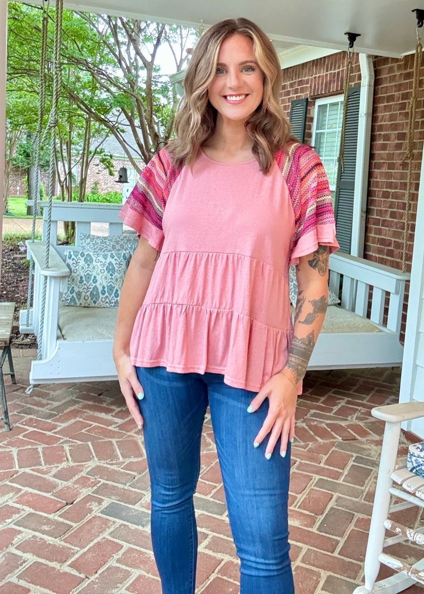 Crochet Striped Sleeve Top | Umgee - Casual Top - Jimberly's Boutique - Olive Branch - Mississippi