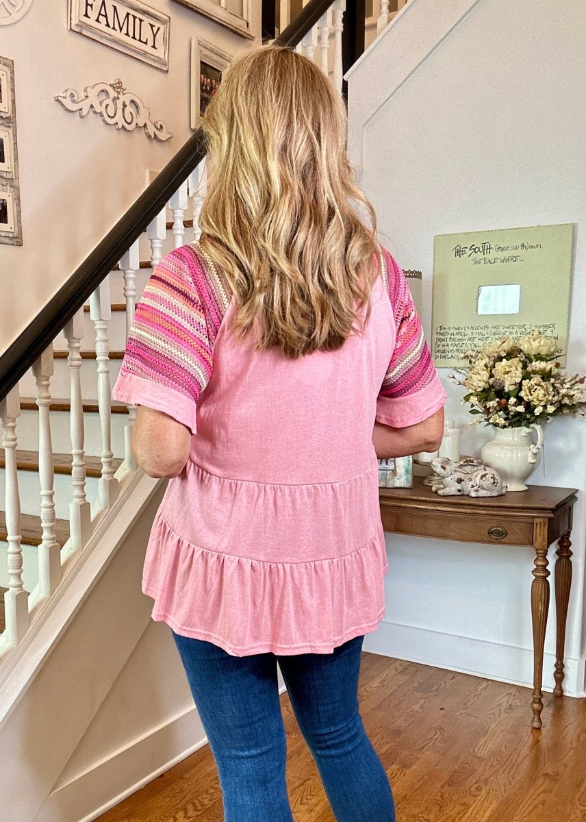 Crochet Striped Sleeve Top | Umgee - Casual Top - Jimberly's Boutique - Olive Branch - Mississippi