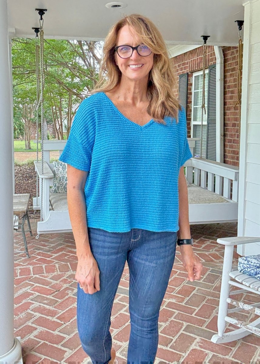 Darlene Drop Shoulder V Neck Sweater - Deep Sky - Casual Sweater - Jimberly's Boutique - Olive Branch - Mississippi