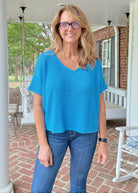 Darlene Drop Shoulder V Neck Sweater - Deep Sky - Casual Sweater - Jimberly's Boutique - Olive Branch - Mississippi