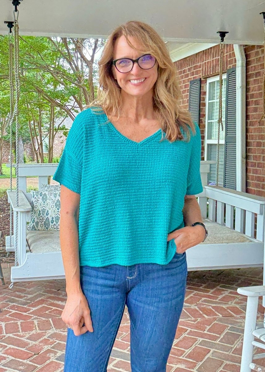Darlene Drop Shoulder V Neck Sweater - Lt Teal - Casual Sweater - Jimberly's Boutique - Olive Branch - Mississippi