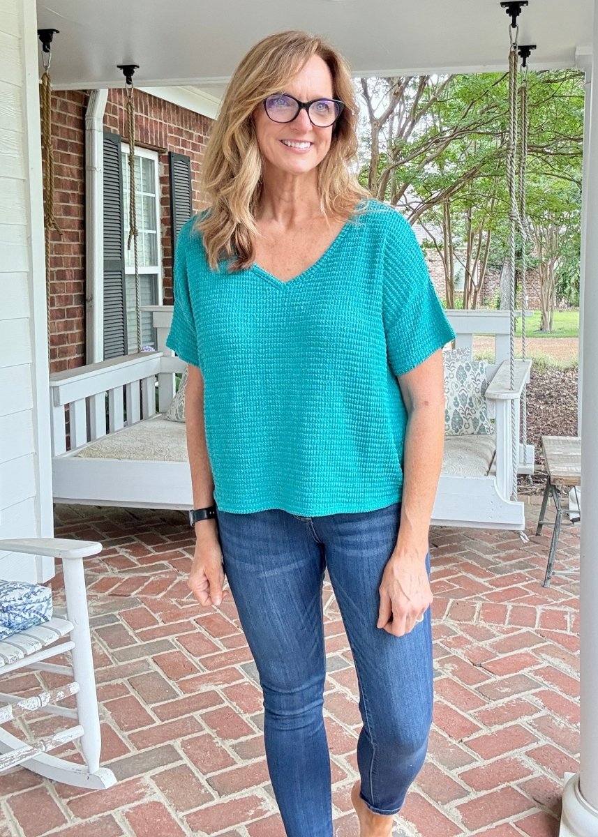 Darlene Drop Shoulder V Neck Sweater - Lt Teal - Casual Sweater - Jimberly's Boutique - Olive Branch - Mississippi