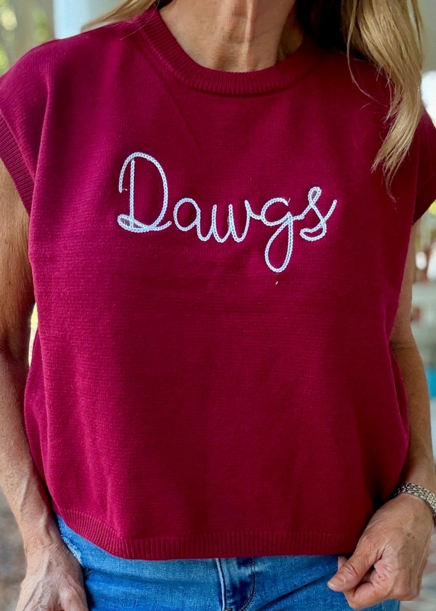 Dawgs Embroidered Sweater Vest - Cabernet w/White - gameday - Jimberly's Boutique - Olive Branch - Mississippi