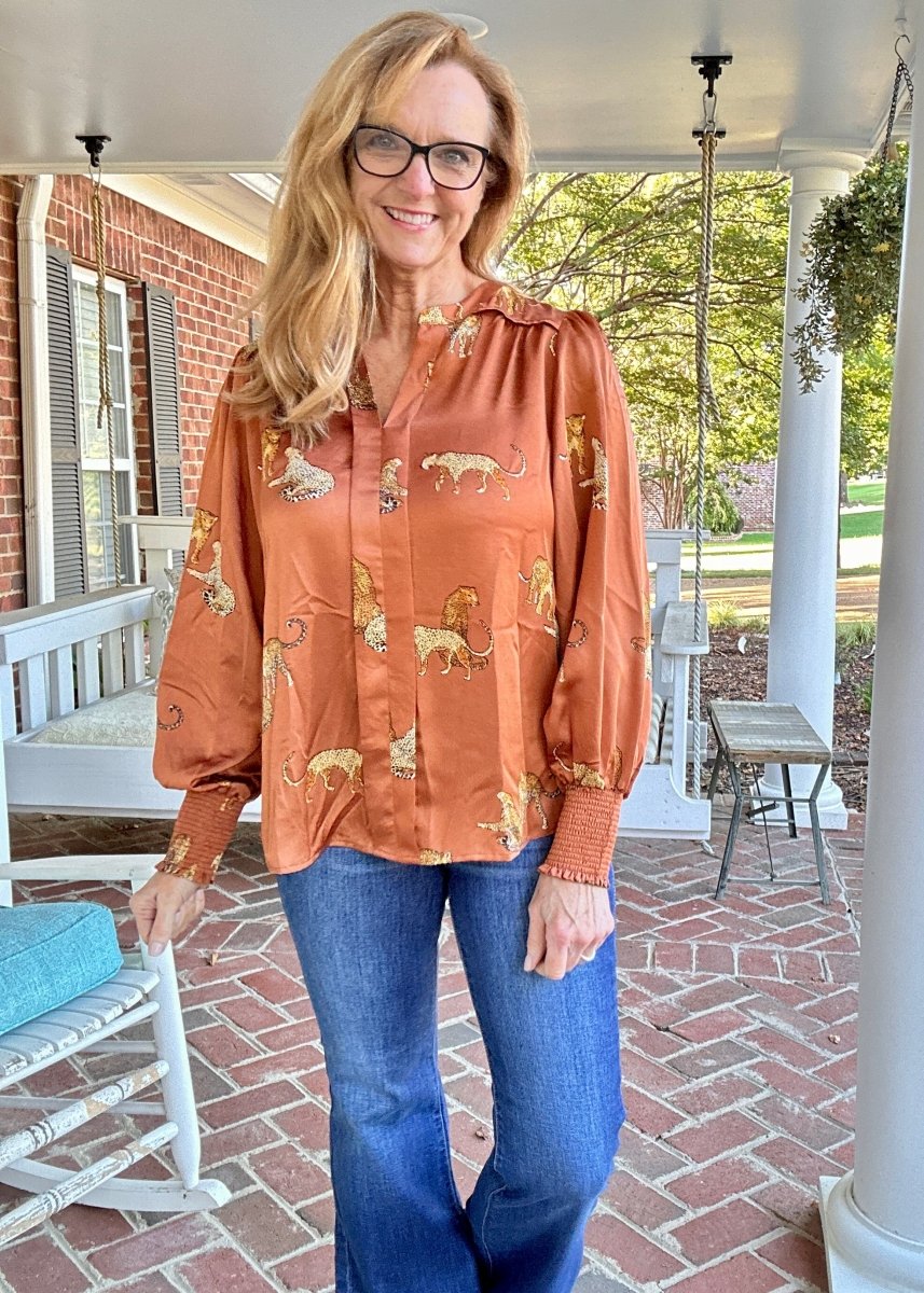 Easel Cheetah Print Satin Blouse - Shirts & Tops - Jimberly's Boutique - Olive Branch - Mississippi
