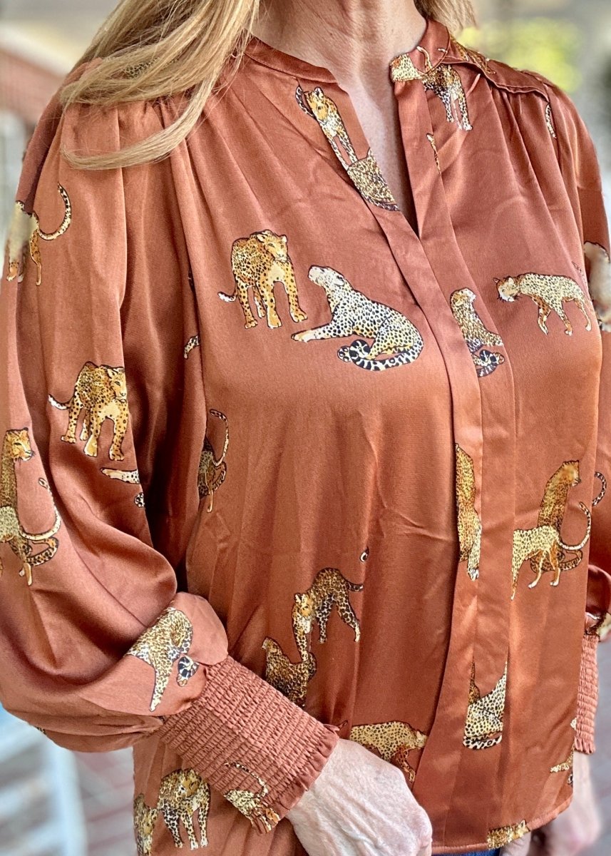 Easel Cheetah Print Satin Blouse - Shirts & Tops - Jimberly's Boutique - Olive Branch - Mississippi