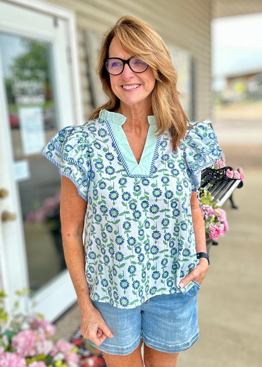 Ella Floral Flutter Sleeve Top - Mint Combo | Entro (Reg & Plus) - Entro Top - Jimberly's Boutique - Olive Branch - Mississippi