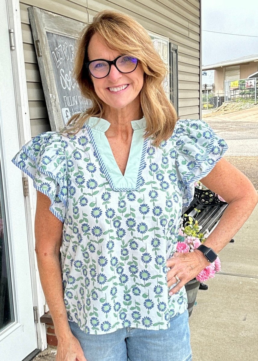 Ella Floral Flutter Sleeve Top - Mint Combo | Entro (Reg & Plus) - Entro Top - Jimberly's Boutique - Olive Branch - Mississippi
