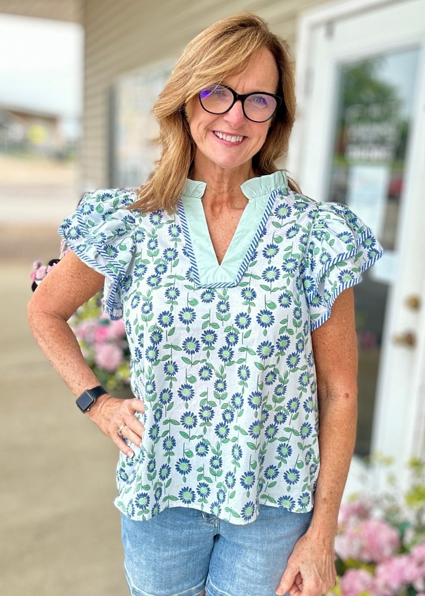 Ella Floral Flutter Sleeve Top - Mint Combo | Entro (Reg & Plus) - Entro Top - Jimberly's Boutique - Olive Branch - Mississippi