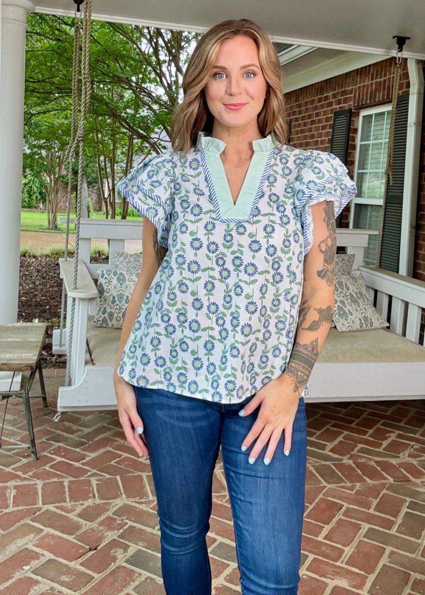 Ella Floral Flutter Sleeve Top - Mint Combo | Entro (Reg & Plus) - Entro Top - Jimberly's Boutique - Olive Branch - Mississippi