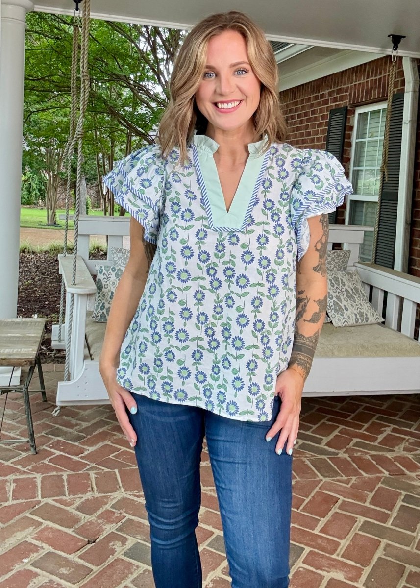 Ella Floral Flutter Sleeve Top - Mint Combo | Entro (Reg & Plus) - Entro Top - Jimberly's Boutique - Olive Branch - Mississippi