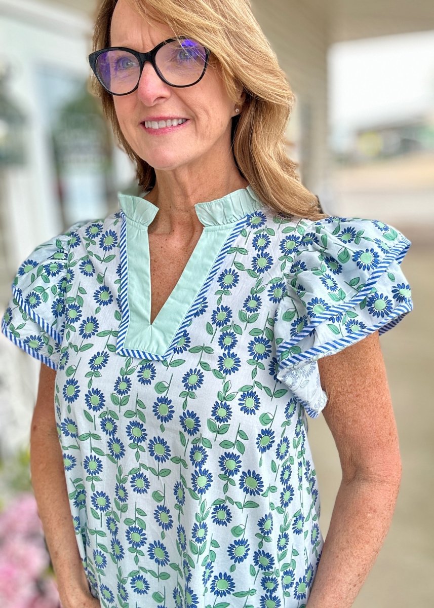 Ella Floral Flutter Sleeve Top - Mint Combo | Entro (Reg & Plus) - Entro Top - Jimberly's Boutique - Olive Branch - Mississippi