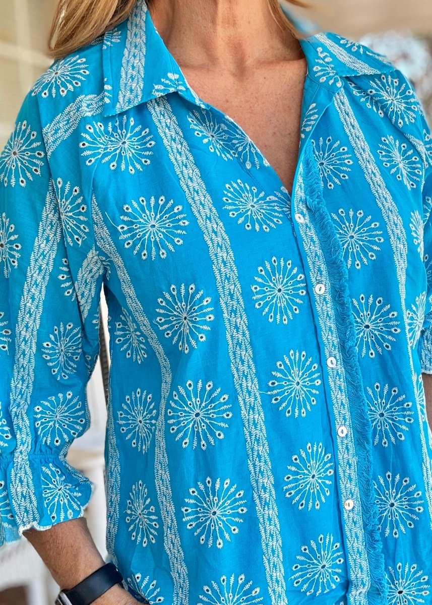 Embroidered 3/4 Sleeve Top - Aqua - Umgee Top - Jimberly's Boutique - Olive Branch - Mississippi