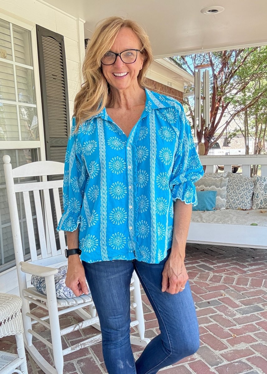 Embroidered 3/4 Sleeve Top - Aqua - Umgee Top - Jimberly's Boutique - Olive Branch - Mississippi