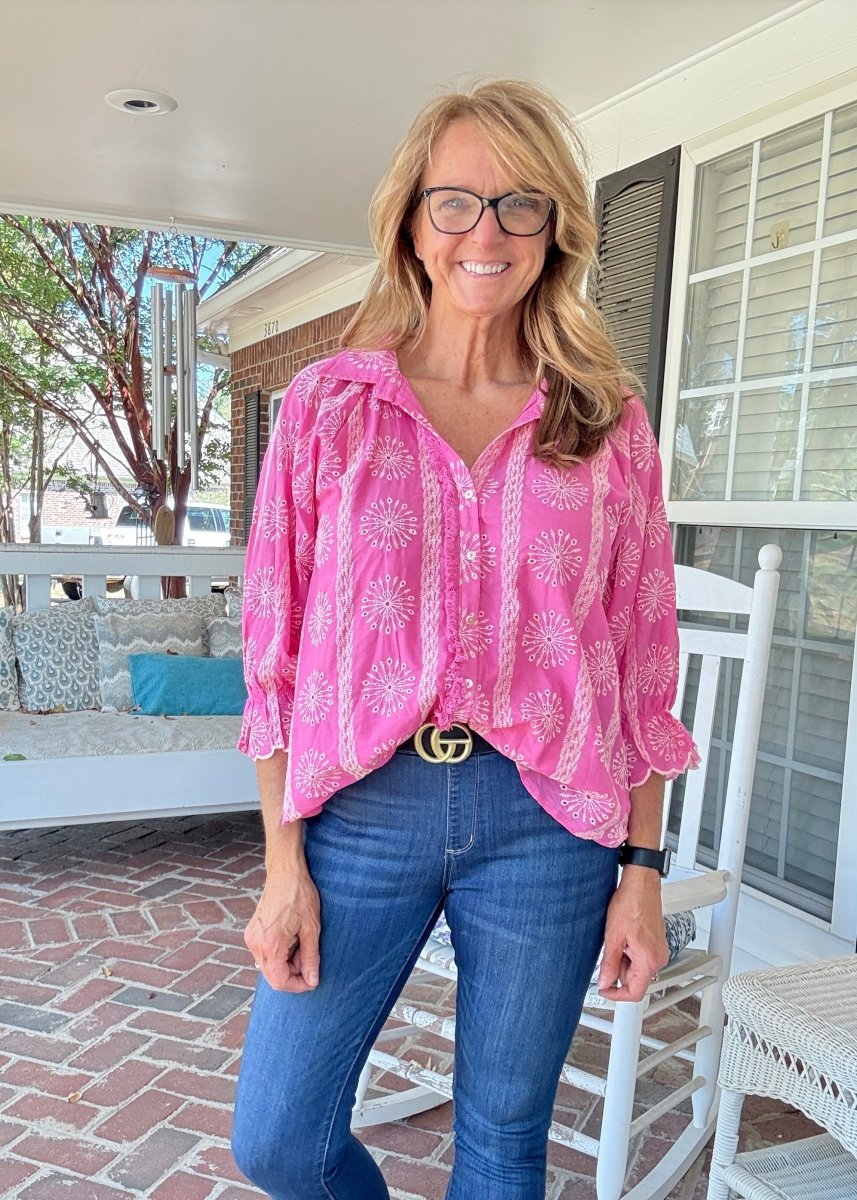 Embroidered 3/4 Sleeve Top - Pink - Umgee Top - Jimberly's Boutique - Olive Branch - Mississippi
