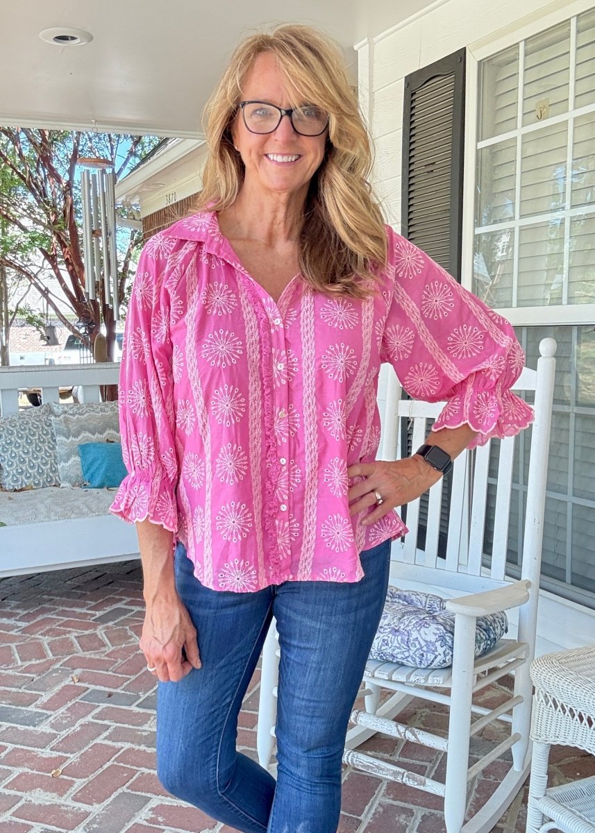 Embroidered 3/4 Sleeve Top - Pink - Umgee Top - Jimberly's Boutique - Olive Branch - Mississippi