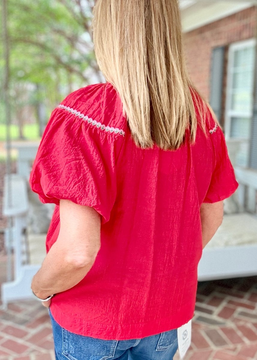 Embroidered Floral Puff Sleeve Blouse - Red | Umgee - Umgee Top -Jimberly's Boutique-Olive Branch-Mississippi