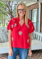 Embroidered Floral Puff Sleeve Blouse - Red | Umgee - Umgee Top -Jimberly's Boutique-Olive Branch-Mississippi