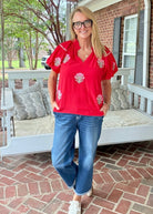 Embroidered Floral Puff Sleeve Blouse - Red | Umgee - Umgee Top -Jimberly's Boutique-Olive Branch-Mississippi
