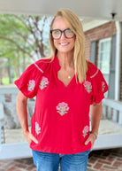 Embroidered Floral Puff Sleeve Blouse - Red | Umgee - Umgee Top -Jimberly's Boutique-Olive Branch-Mississippi