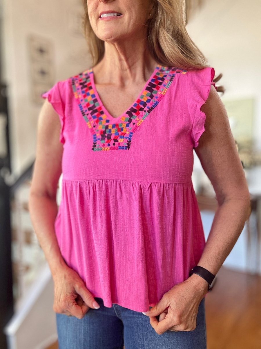 Embroidered V Neck Top - Pink - Casual Top - Jimberly's Boutique - Olive Branch - Mississippi
