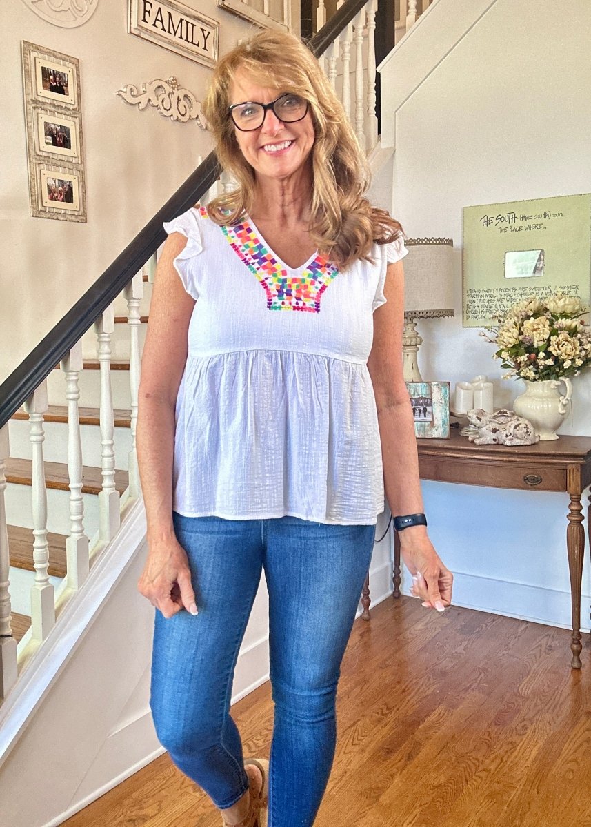 Embroidered V Neck Top - White - Casual Top - Jimberly's Boutique - Olive Branch - Mississippi