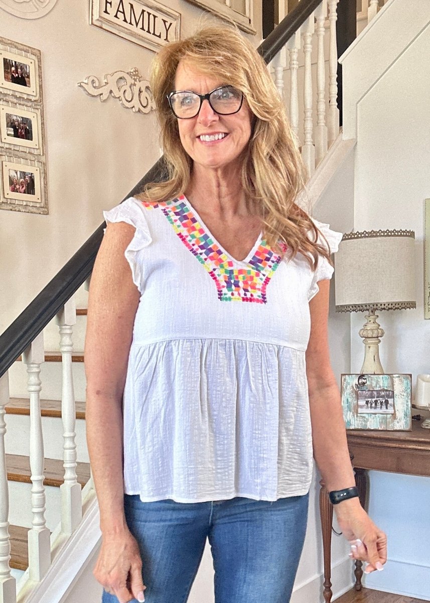 Embroidered V Neck Top - White - Casual Top - Jimberly's Boutique - Olive Branch - Mississippi