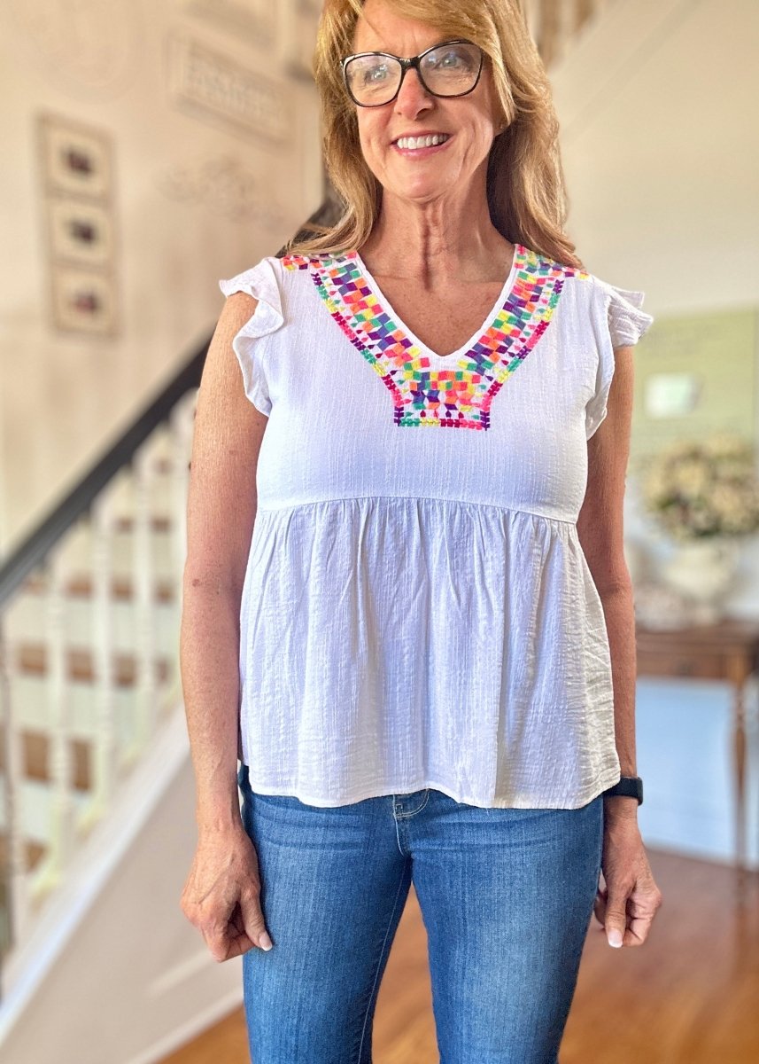 Embroidered V Neck Top - White - Casual Top - Jimberly's Boutique - Olive Branch - Mississippi