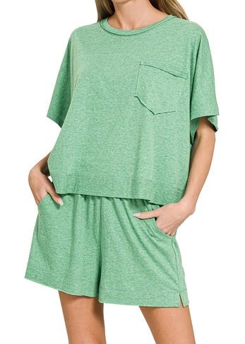 Exposed Seam Boxy Shorts Set - Heather Kelly Green - short set - Jimberly's Boutique - Olive Branch - Mississippi