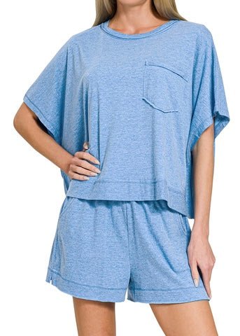 Exposed Seam Boxy Shorts Set - Heather Ocean Blue - short set - Jimberly's Boutique - Olive Branch - Mississippi