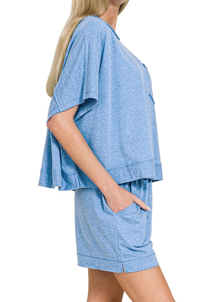 Exposed Seam Boxy Shorts Set - Heather Ocean Blue - short set - Jimberly's Boutique - Olive Branch - Mississippi