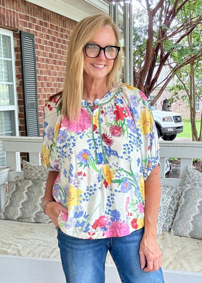Floral Abstract Print Bubble Sleeve Top | Umgee - Umgee Top -Jimberly's Boutique-Olive Branch-Mississippi