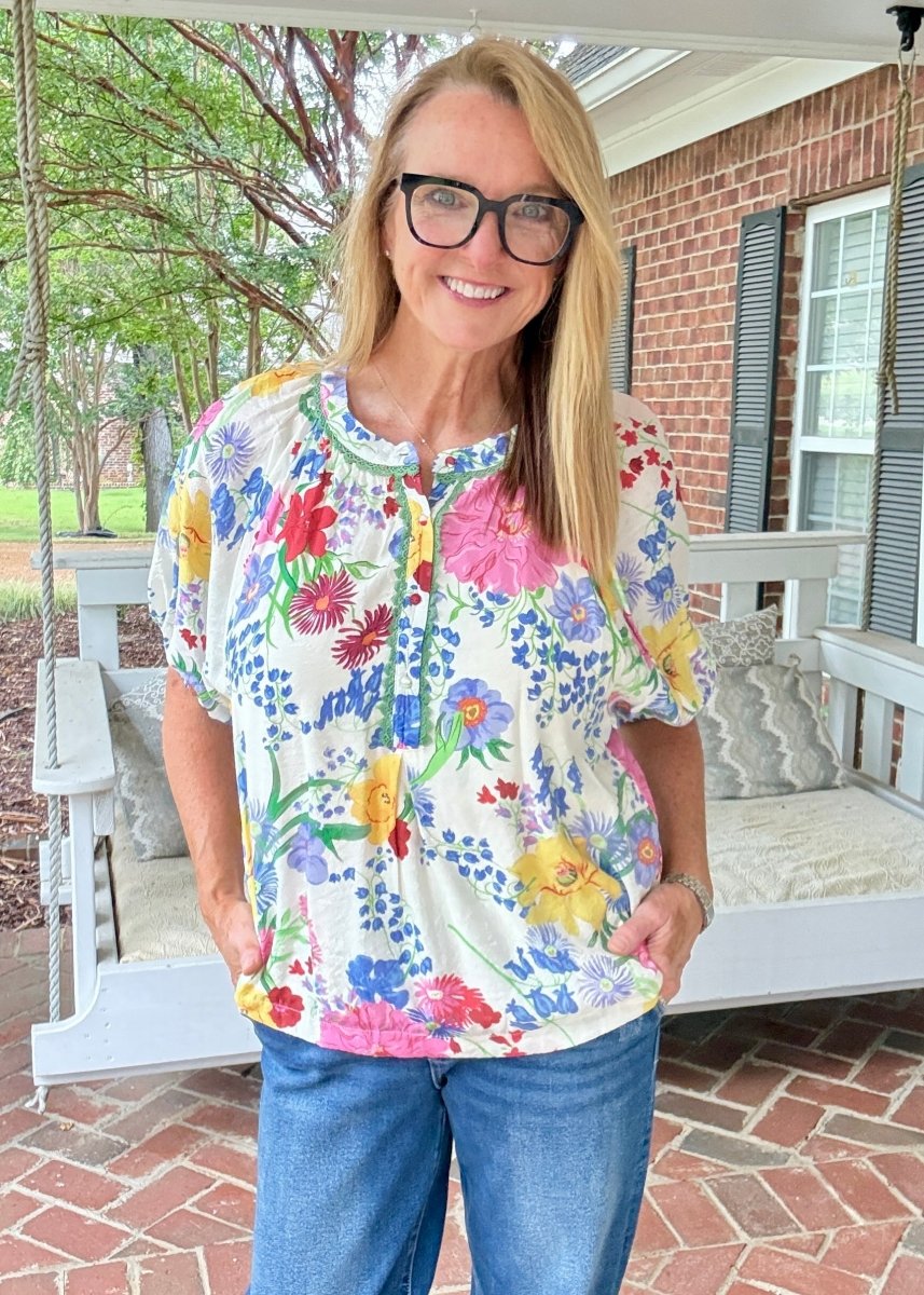 Floral Abstract Print Bubble Sleeve Top | Umgee - Umgee Top -Jimberly's Boutique-Olive Branch-Mississippi