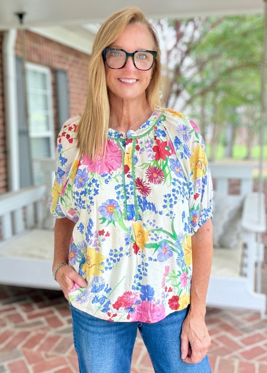 Floral Abstract Print Bubble Sleeve Top | Umgee - Umgee Top -Jimberly's Boutique-Olive Branch-Mississippi