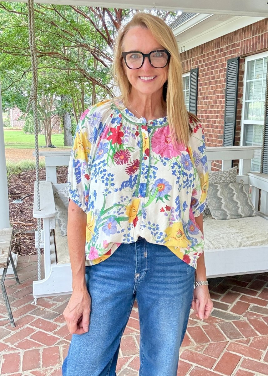 Floral Abstract Print Bubble Sleeve Top | Umgee - Umgee Top -Jimberly's Boutique-Olive Branch-Mississippi
