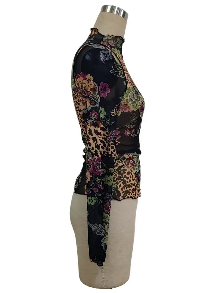 Floral Mesh Mock Neck Long Sleeve Top - layering top -Jimberly's Boutique-Olive Branch-Mississippi