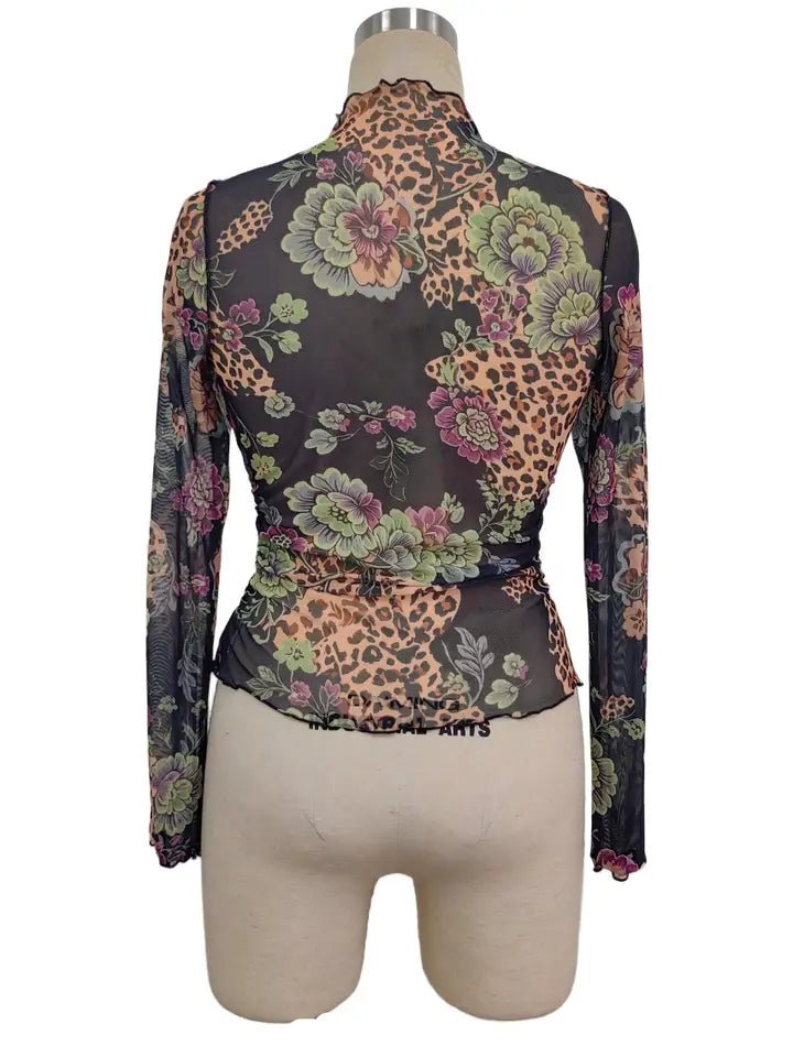 Floral Mesh Mock Neck Long Sleeve Top - layering top -Jimberly's Boutique-Olive Branch-Mississippi