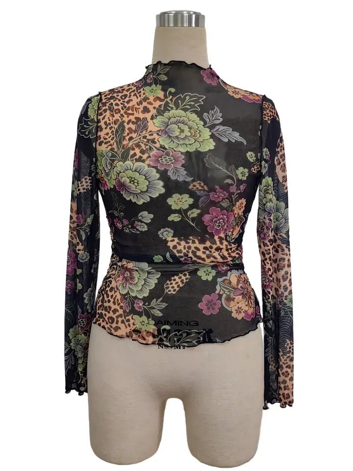 Floral Mesh Mock Neck Long Sleeve Top - layering top -Jimberly's Boutique-Olive Branch-Mississippi