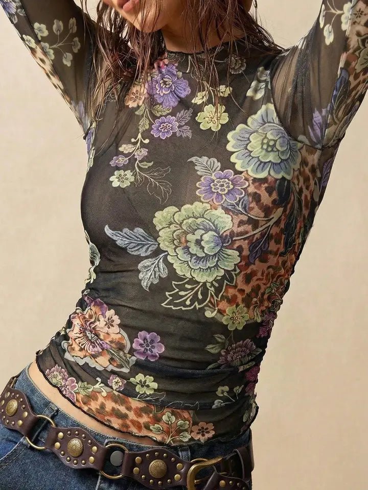Floral Mesh Mock Neck Long Sleeve Top - layering top -Jimberly's Boutique-Olive Branch-Mississippi