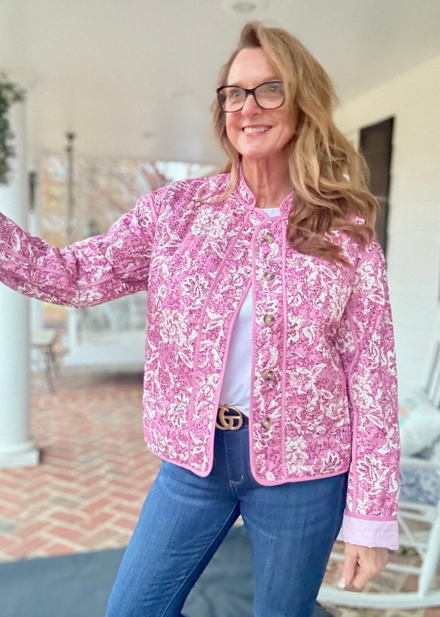 Floral Print Front Button Quilted Jacket - Pink - quilted jacket - Jimberly's Boutique - Olive Branch - Mississippi