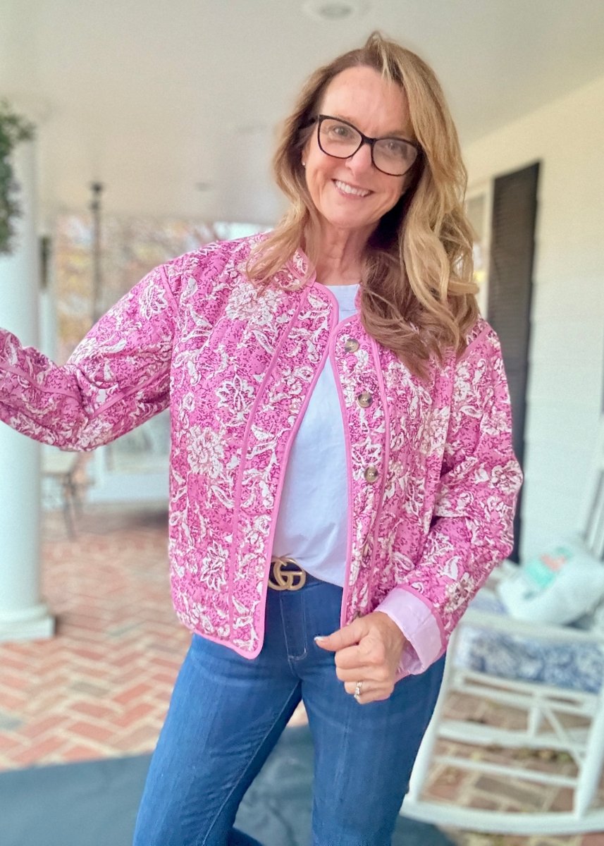 Floral Print Front Button Quilted Jacket - Pink - quilted jacket - Jimberly's Boutique - Olive Branch - Mississippi