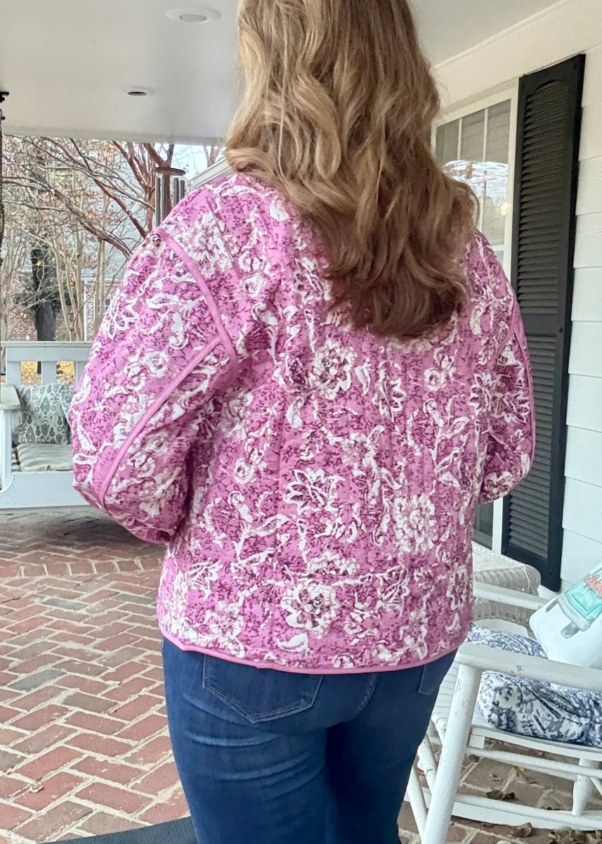 Floral Print Front Button Quilted Jacket - Pink - quilted jacket - Jimberly's Boutique - Olive Branch - Mississippi