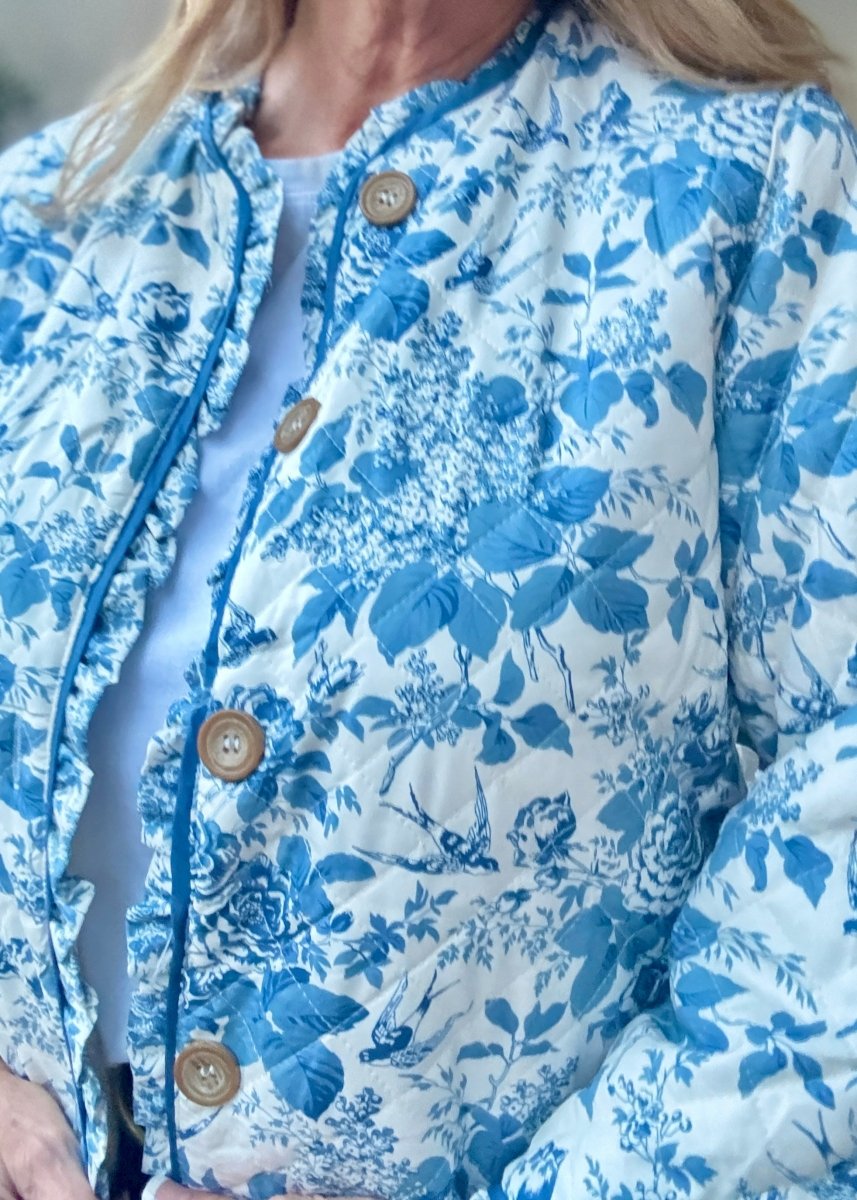 Floral Print Ruffled Hem Quilted Jacket - Blue - quilted jacket - Jimberly's Boutique - Olive Branch - Mississippi