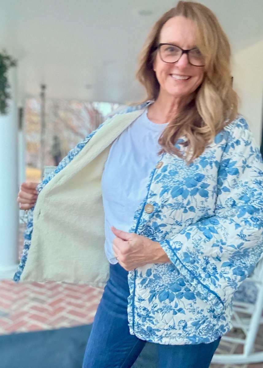 Floral Print Ruffled Hem Quilted Jacket - Blue - quilted jacket - Jimberly's Boutique - Olive Branch - Mississippi