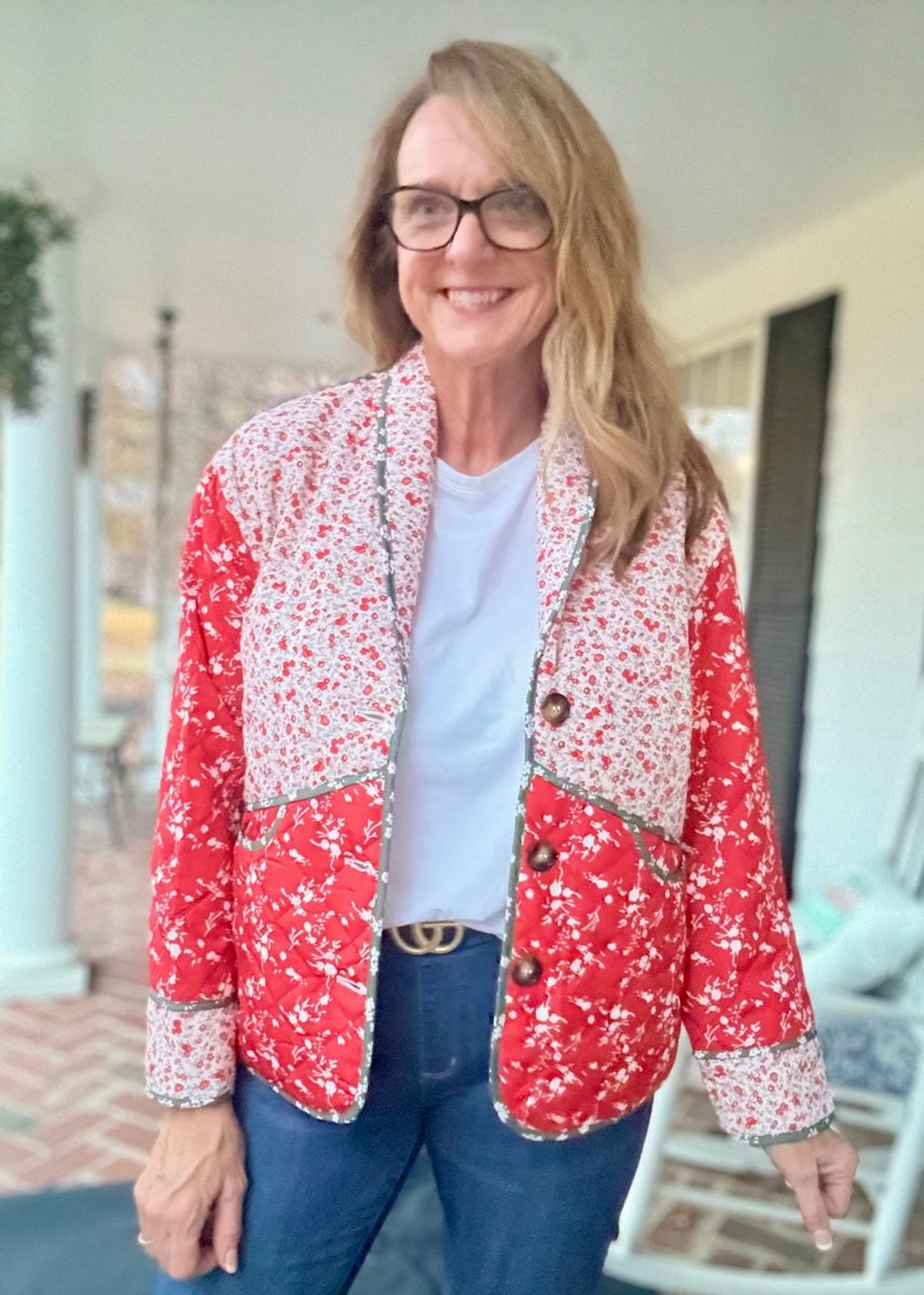 Floral Print Shawl Collar Quilted Jacket - Red - quilted jacket - Jimberly's Boutique - Olive Branch - Mississippi