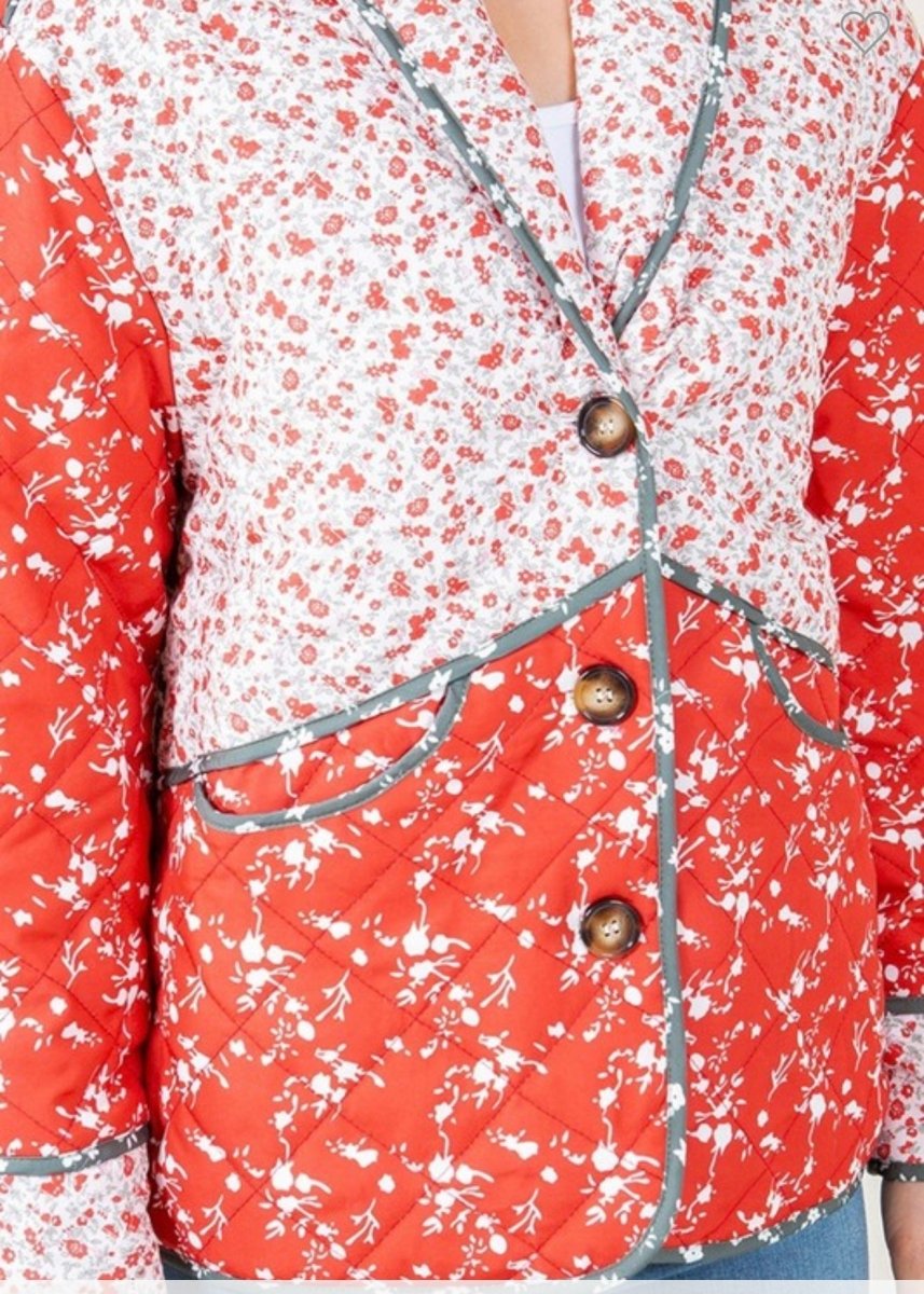 Floral Print Shawl Collar Quilted Jacket - Red - quilted jacket - Jimberly's Boutique - Olive Branch - Mississippi