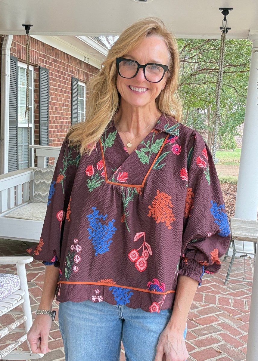 Floral Textured Fabric Top - Red Brown Mix | Umgee - Umgee Top -Jimberly's Boutique-Olive Branch-Mississippi