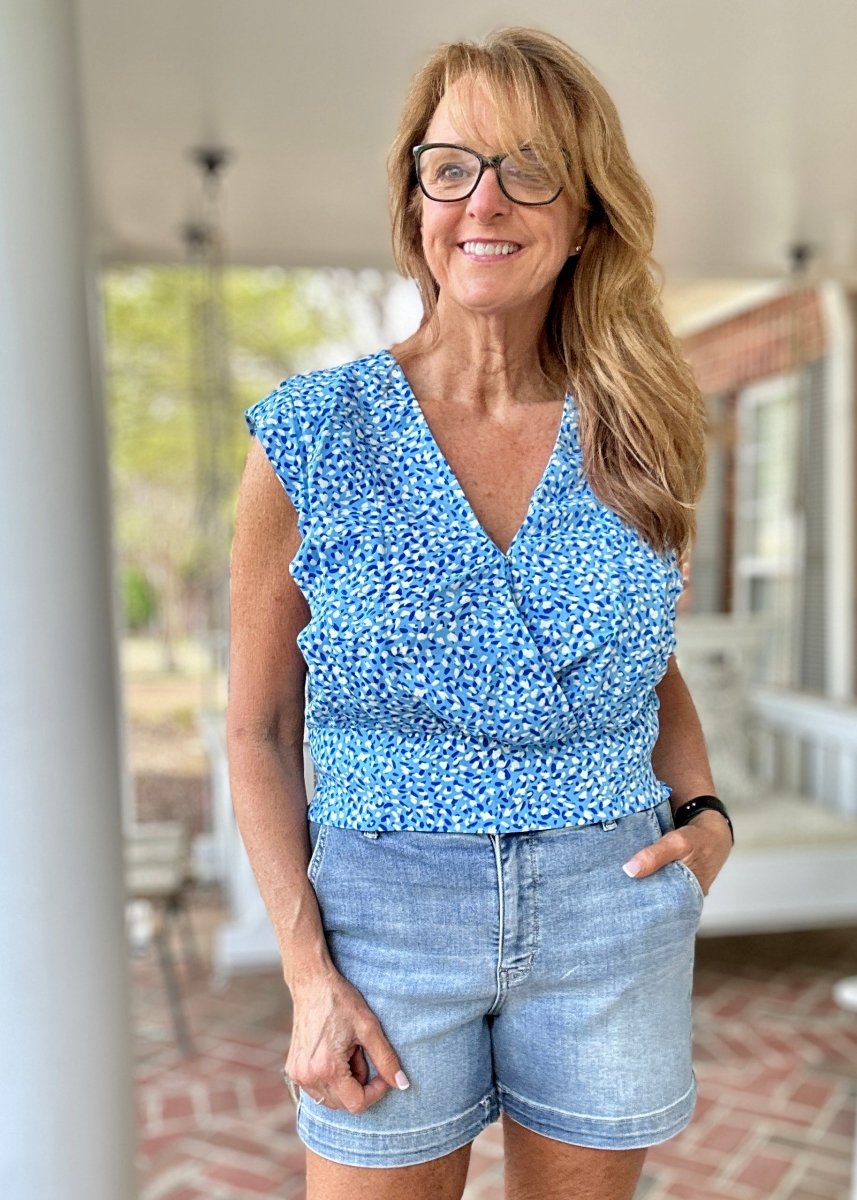Floral V Neck Smocked Waist Top - Blue - Casual Top - Jimberly's Boutique - Olive Branch - Mississippi