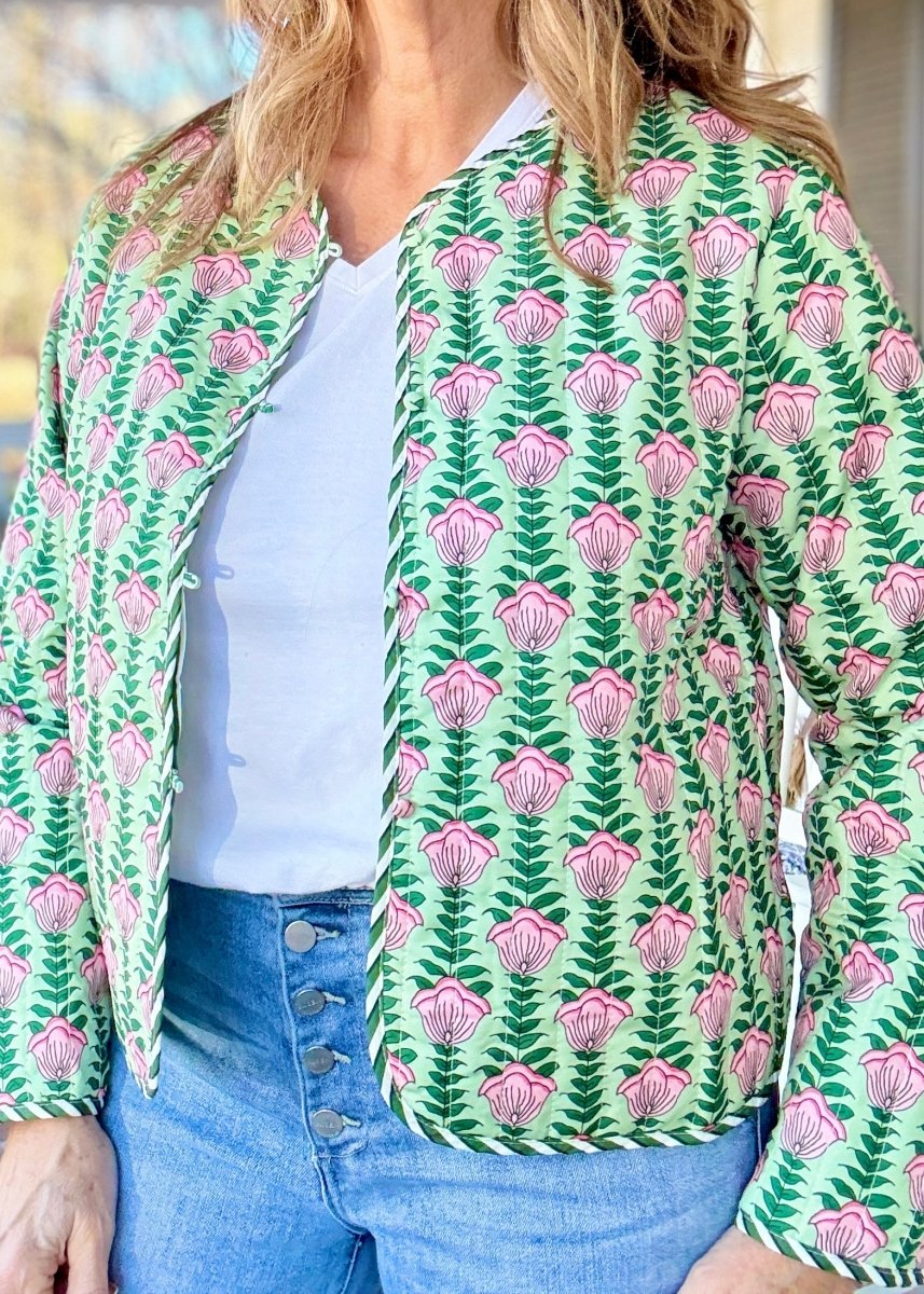 Flower Printed Jacket - Green - quilted jacket - Jimberly's Boutique - Olive Branch - Mississippi