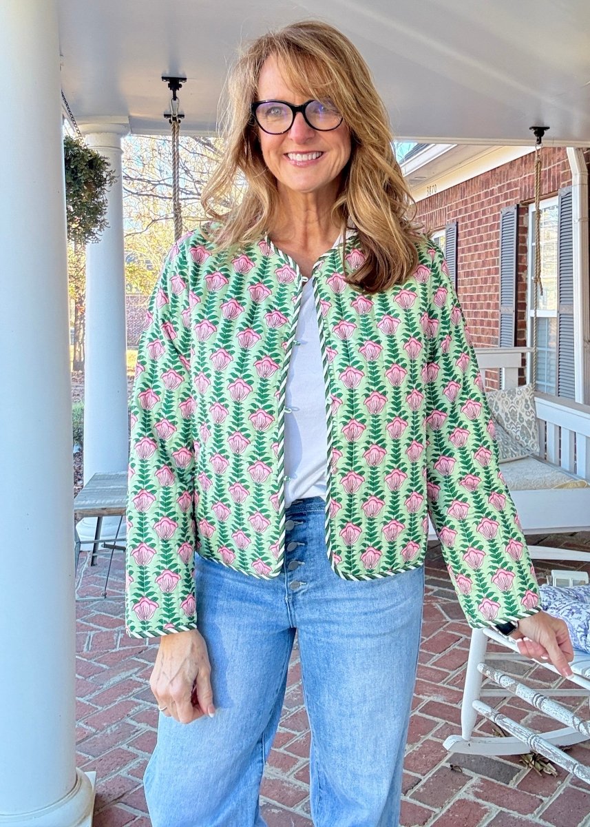Flower Printed Jacket - Green - quilted jacket - Jimberly's Boutique - Olive Branch - Mississippi